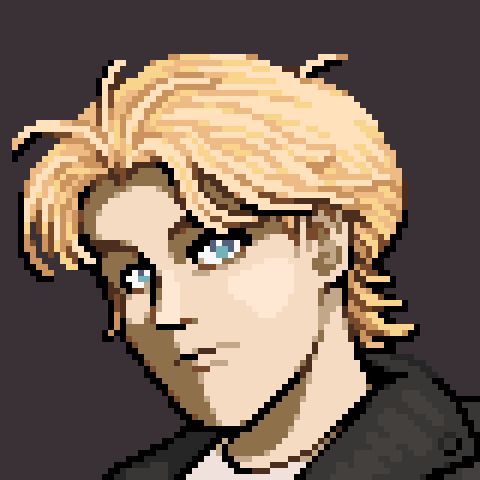 A pixel art portrait of a blonde guy with blue eyes with his head tilted forwards. He is wearing a black jacket.