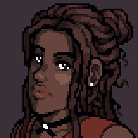 A pixel art portrait of a dark-skinned lady with her head tilted upwards. She is wearing a red dress, a black ribbon necklace and white earrings. Her hair is also tied in a bun at the back.