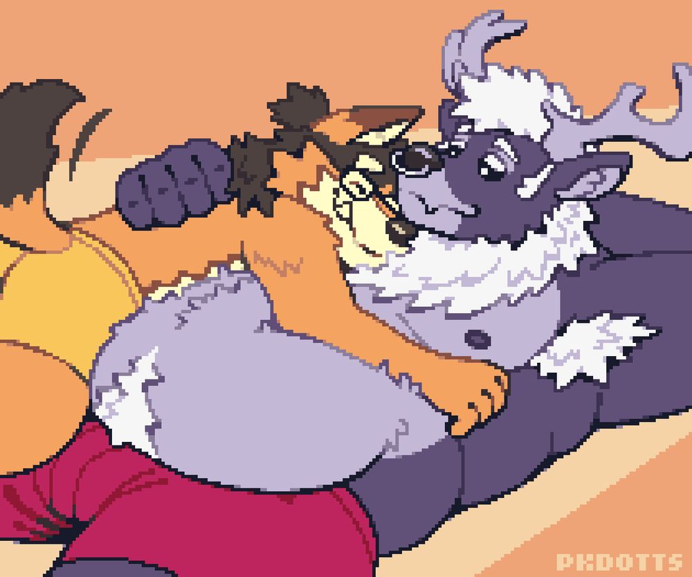 An orange anthro coyote laying down on top of a big purple anthro deer's belly.