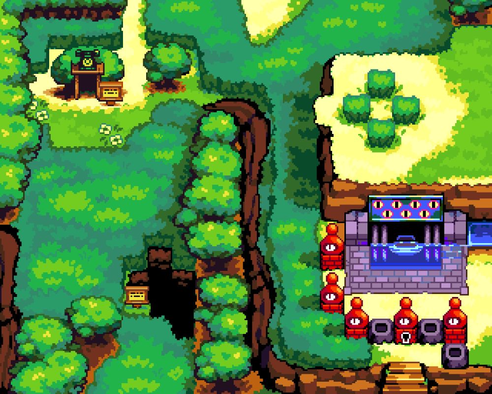 One of the sections of The Legend of Zelda: Link's Awakening's map featuring Key Cavern but redrawn in a more vibrant and fuzzy pixel art style.