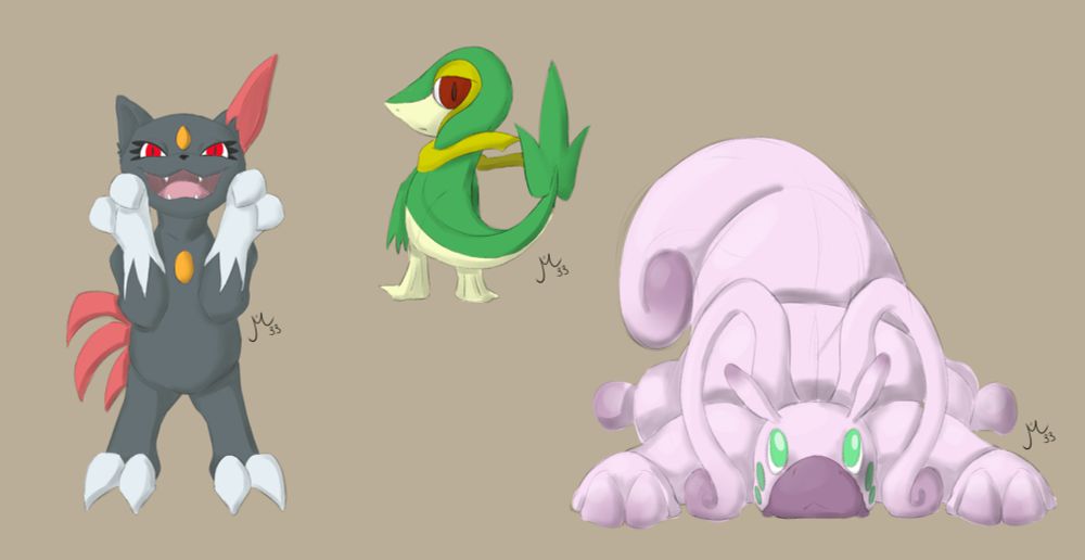 (From left to right) A sneasel with its claws raised, a snivy looking backwards to the viewer, and a goodra flopped on its belly