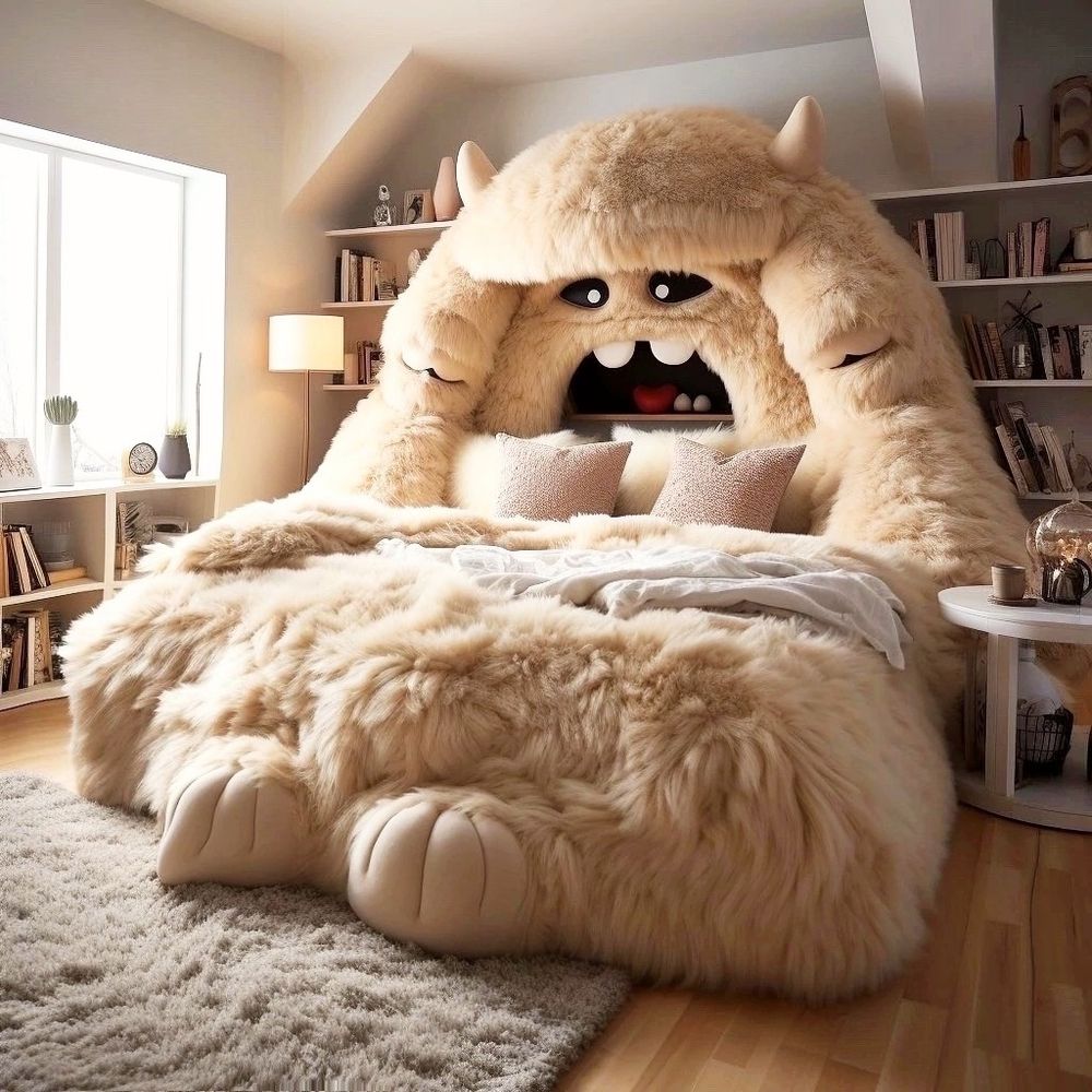 A huge cream-coloured furry yeti whose belly is a double bed.