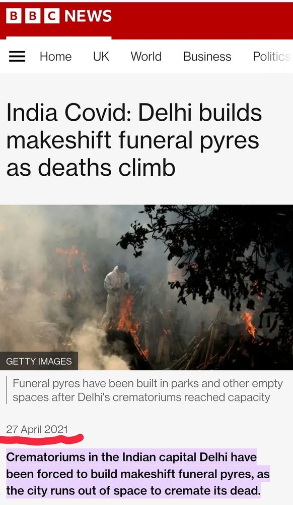 April 2021: BBC News reports on mass funeral pyres in Delhi as COVID-19 deaths climb