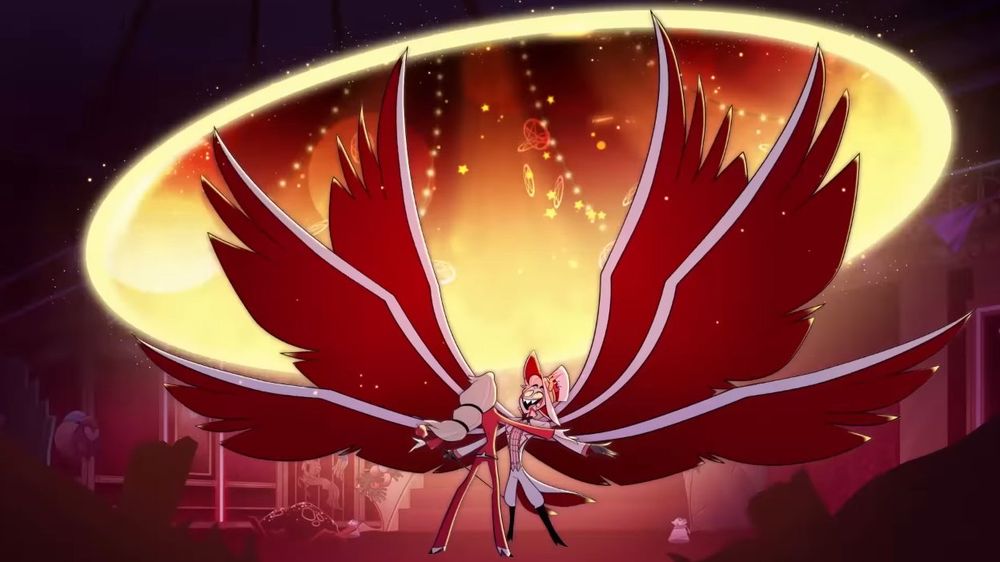 Standing in front of Charlie Morningstar, Lucifer Morningstar spreads open his six wings the largest we’ve ever seen them. He opens a portal above their heads into another dimension.