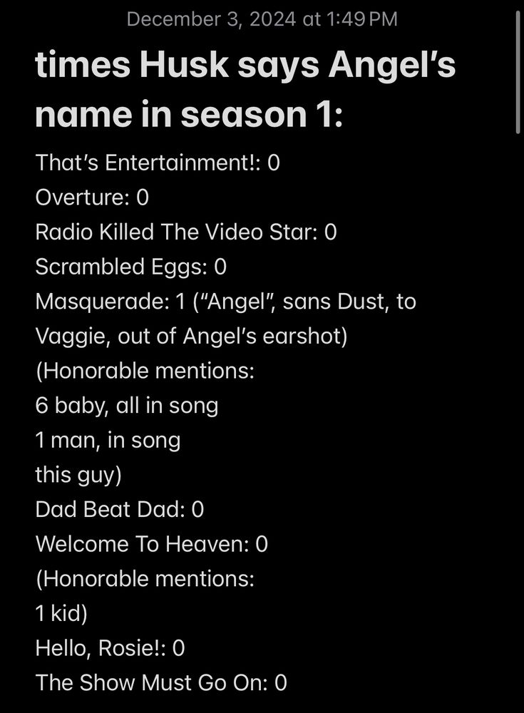 times Husk says Angel’s name in season 1: 
That’s Entertainment!: 0
Overture: 0
Radio Killed The Video Star: 0
Scrambled Eggs: 0
Masquerade: 1 (“Angel”, sans Dust, to Vaggie, out of Angel’s earshot)
(Honorable mentions:
6 baby, all in song
1 man, in song
1 this guy)
Dad Beat Dad: 0
Welcome To Heaven: 0
(Honorable mentions:
1 kid)
Hello, Rosie!: 0
The Show Must Go On: 0