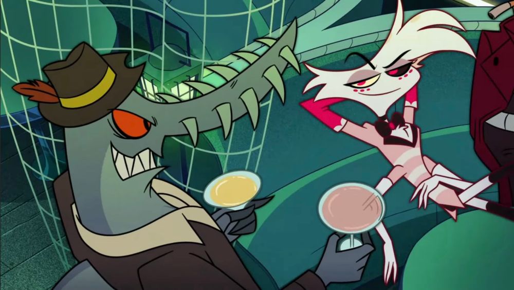 A shark Sinner stands holding two drinks, one pink and one yellow, beside where Angel Dust sits with two arms folded behind his head. Both are smiling or smirking.