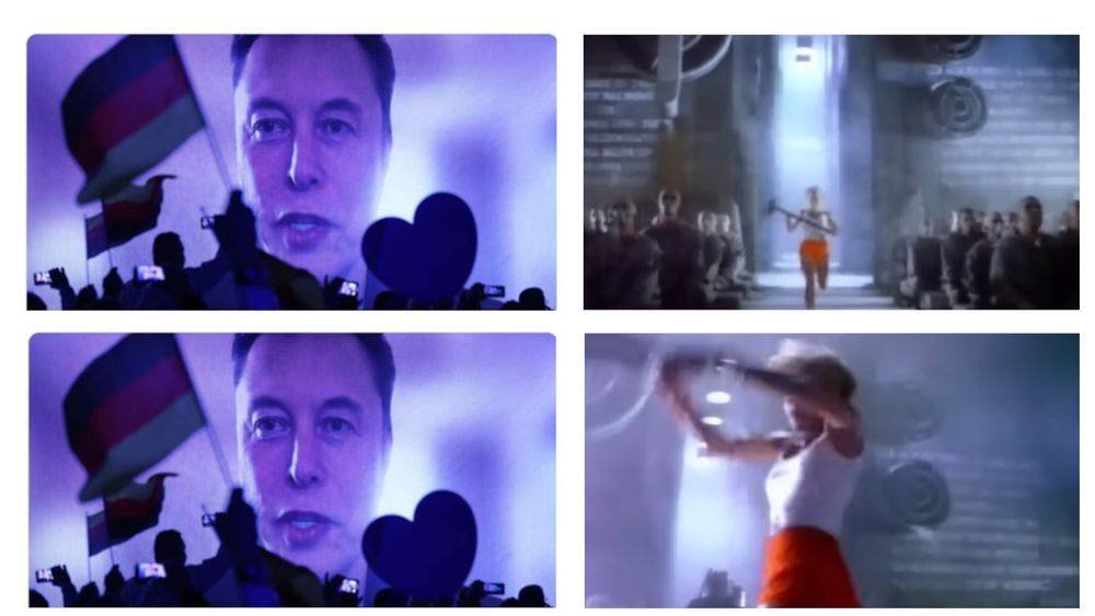 4koma:

Elon must addressing german far right rally
Scene from apple 1984 ad where athlete Anya Major runs through a mass of entranced people looking at the screen, clad in grey.  She is holding a sledgehammer.
Same elon picture
Later in the apple ad where Anya performs a hammer throw at the screen to stop the cycle of propaganda as police approach to try to stop her.