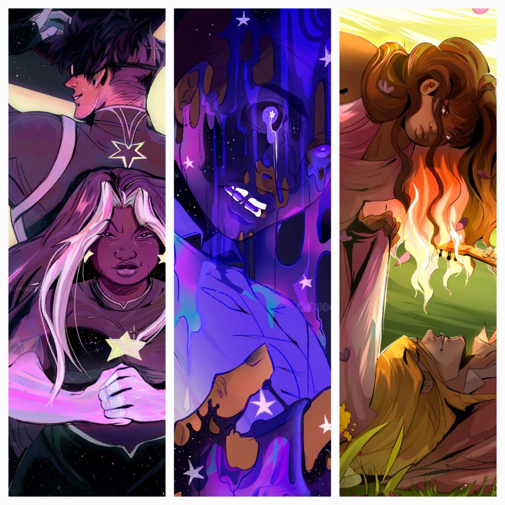 3 digital illustrations collaged together and themed by variety of character design.