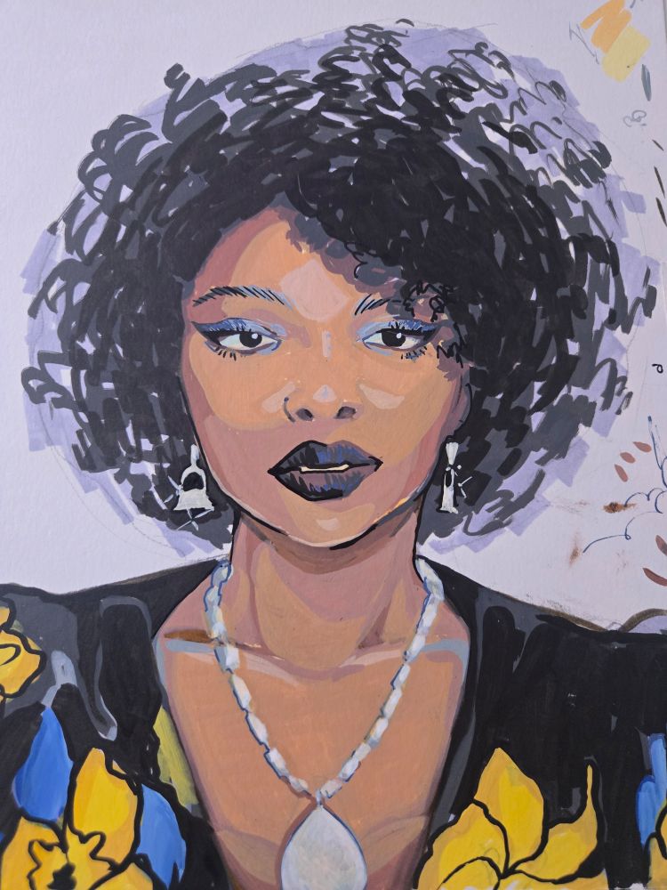 1 hour portrait study of a black woman with a round face and large black afro. She is adorned with earrings, black lipstick and eyeshadow, and a large pendant necklace. She is staring directly at the viewer.