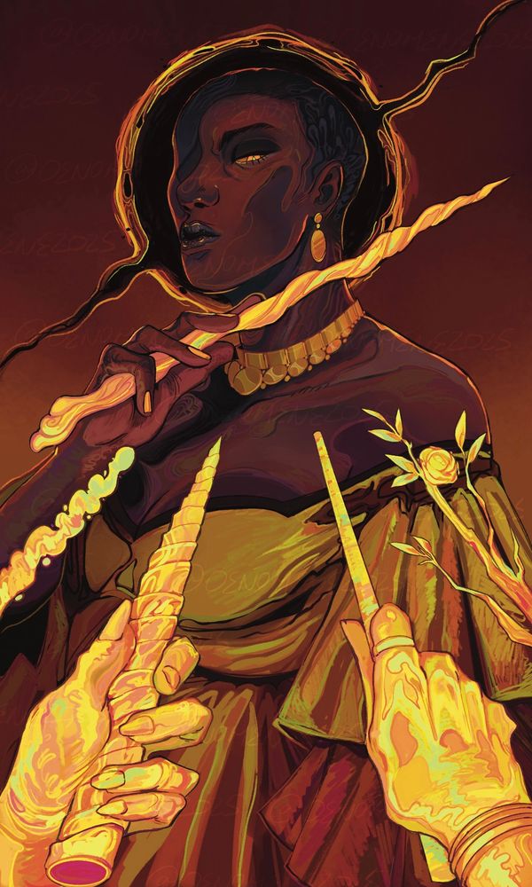 Cropped screenshot of a queer black woman with a shaved head. She is looking towards the audience with a wand in her hand.