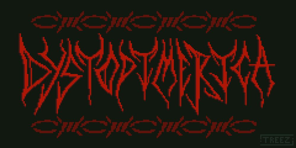 pixel art by Zoë Treez - 2024

red barbed wired framing the word “Dystopimerica” written in pointy, metal font. Dystopimerica is just a mash of the words Dystopia and America, reflecting the horrors of our modern lives 
