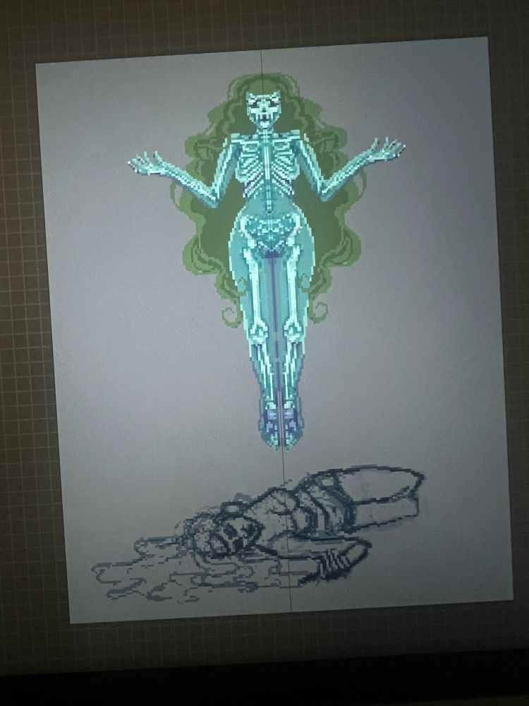 Photo of procreate on an iPad screen. It showing a work in progress pixel art by ZoeTreez. It’s of a floating ghost skeleton with long green hair hovering above a sketch or a fem figure laying on the floor