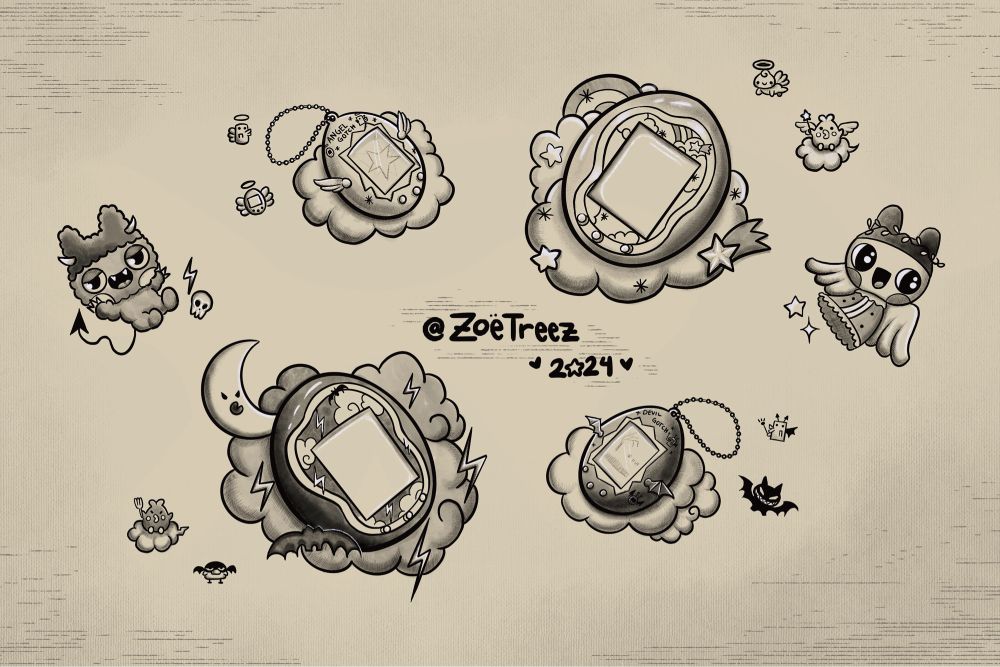 Tattoo Flash Illustrations by Zoe Treez - 2024

the flash designs are of the Tamagotchi Uni Monster & Angels and the retro Tamagotchi Devil and Angel gotchis. around the digital pet devices are various small designs of the respective themed decices. these are all original designs and not currently available for tattooing- yet