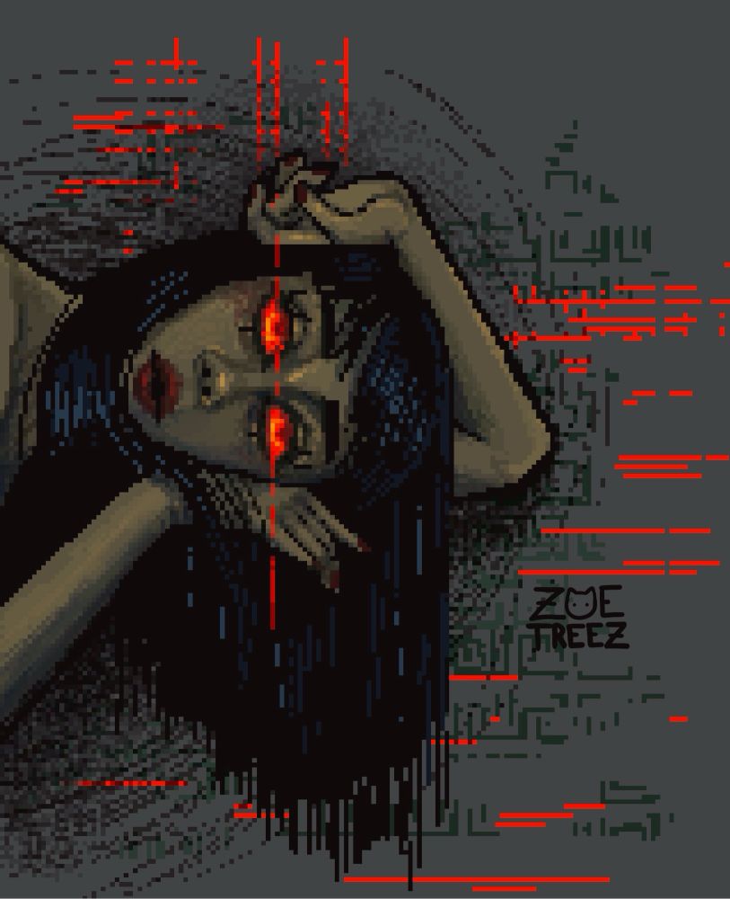Pixel art by Zoë Treez - 2024

The art is of a creepy leaned over femme person. Their eyes glow a bright orangish red, staring at you, the viewer. The persons hair drapes and fall down the length of the art piece. Their skin a dark a sickly color, as if lifeless or zombified. The red of their eyes leak across the figure. The back ground swirls and breaks in various tones of black, green and the same glowing orangish red from their eyes. 

This piece conveys a dark and creepy feeling but one that feels comforting and familiar. Like the pull of peace that comes with completely checking out