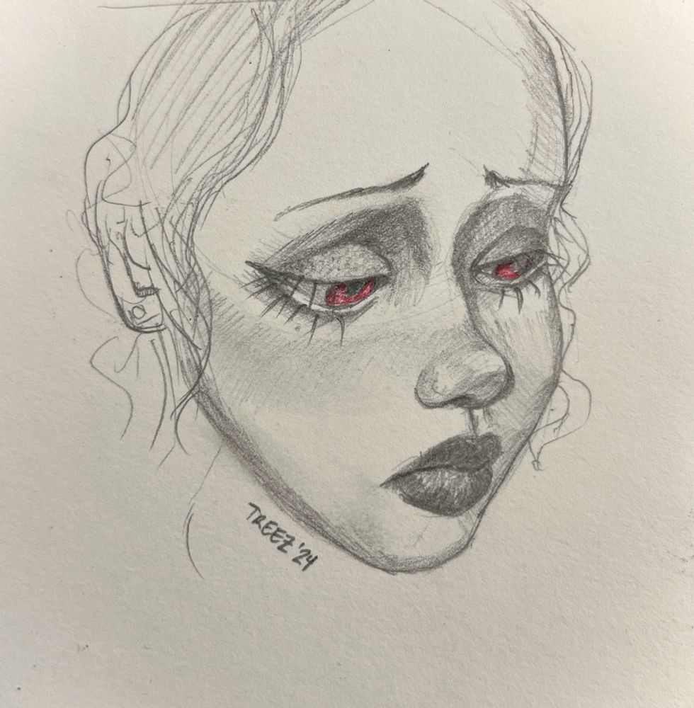 sketchbook illustration by Zoë Treez -2024

a femme face looking down with long spikey eyelashes, red eyes and pouty lips. her eyebrows are furrowed 