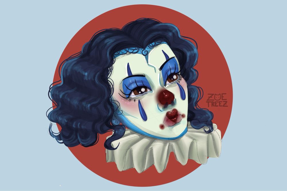 Digital Illustration by Zoë Treez 2022

A baby blue canvas with a red circle in the middle with a clown drawing on top. The clowns face is a white heart, big blue tears on the cheeks and shiny red heart lips. The clown has short wavy navy hair and a ruffled collar