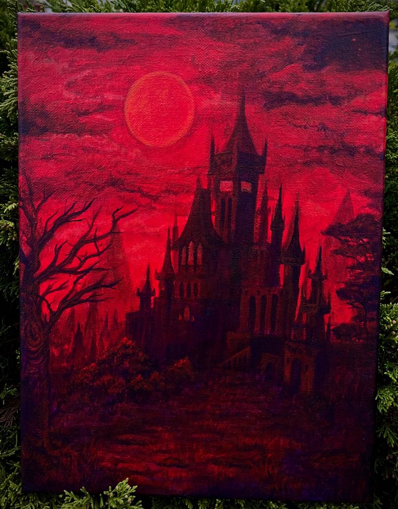 acrylic painting by Zoë Treez - 2025 

painted in only reds, purples and black- a vampiric/gothic outdoor setting is depicted on a stretched canvas (gently sitting on a shrub for display). the composition contains a large, pointed castle, positioned slightly to the right of a large glowing full moon. in the foreground, to the left of the canvas, is a twisting dead tree. From the castle to the viewers perspective, there is a grassy path leading you to its ominous structures. surrounded by plants, foliage and trees of various textures. this is an original painting, all done by hand with zero sketch. this painting took a total of about 9 hours. thank you for viewing 