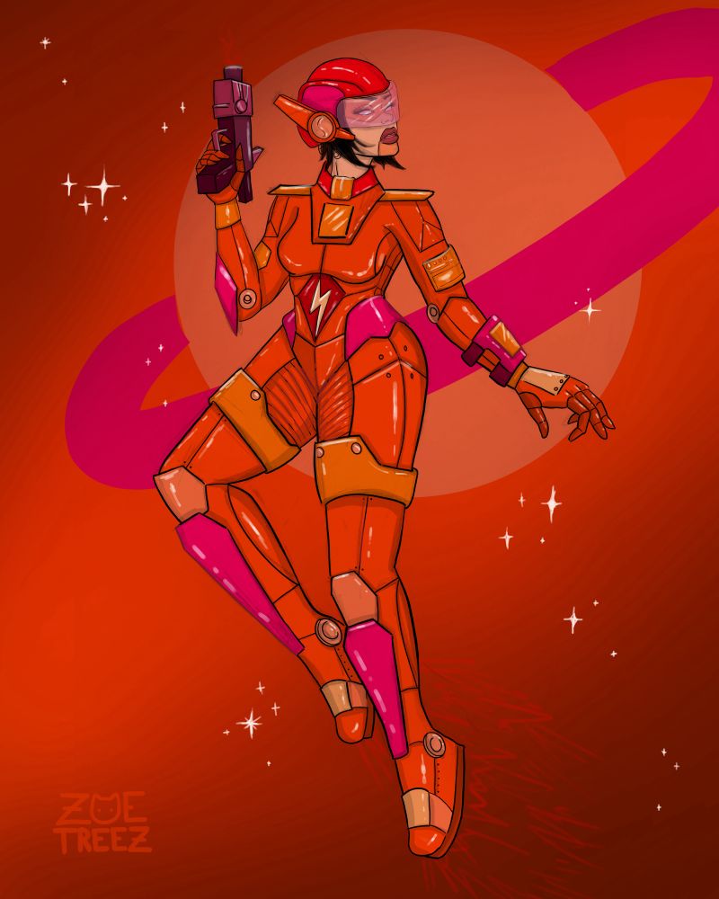 Art by ZoeTreez
A bionic futuristic woman in all red and orange mech floats in front of a Saturn graphic. White stars glimmer around her