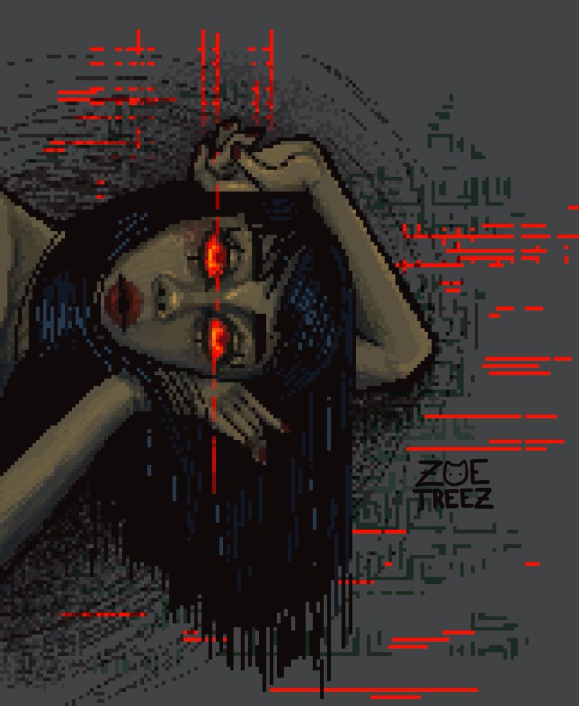 Pixel art by Zoë Treez - 2024

The art is of a creepy leaned over femme person. Their eyes glow a bright orangish red, staring at you, the viewer. The persons hair drapes and fall down the length of the art piece. Their skin a dark a sickly color, as if lifeless or zombified. The red of their eyes leak across the figure. The back ground swirls and breaks in various tones of black, green and the same glowing orangish red from their eyes. 

This piece conveys a dark and creepy feeling but one that feels comforting and familiar. Like the pull of peace that comes with completely checking out