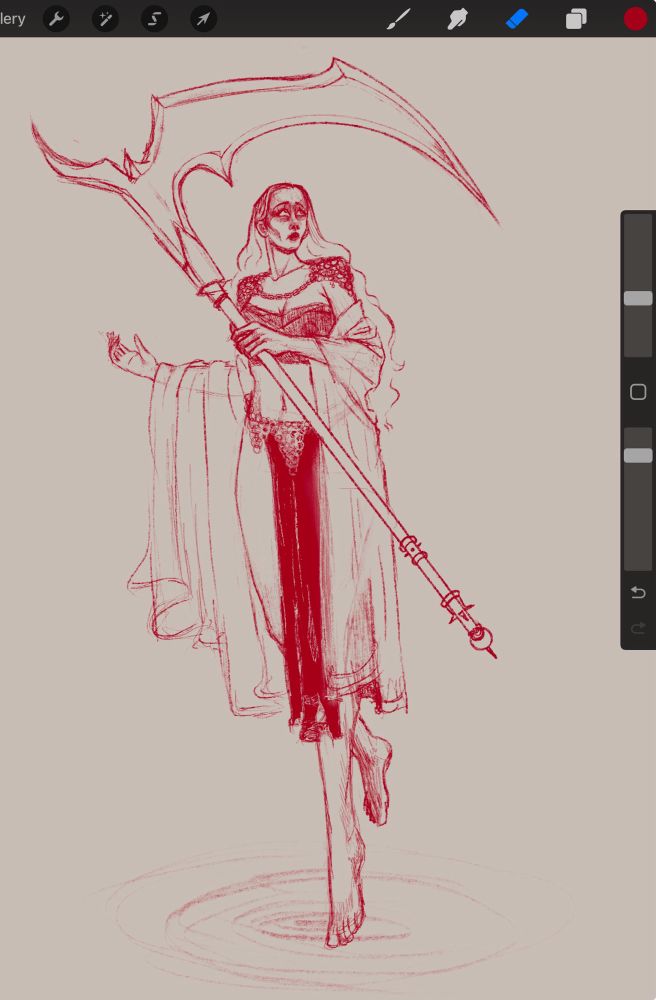 work in progress illustration by Zoë Treez - 2025
Drawn in red, there is a tall floating femme figure in the center of a screenshot from Procreate. The tall woman in draped in billowing clothing, is holding a large, sharp, scythe. They have chainmail armor on their shoulders and around their waist. The figures, feet hang below them, seemingly rippling some water or liquid. Their face has shadows sunken like a skull, eyes looking up woefully. Bordering the screenshot is some of the Procreate UI.