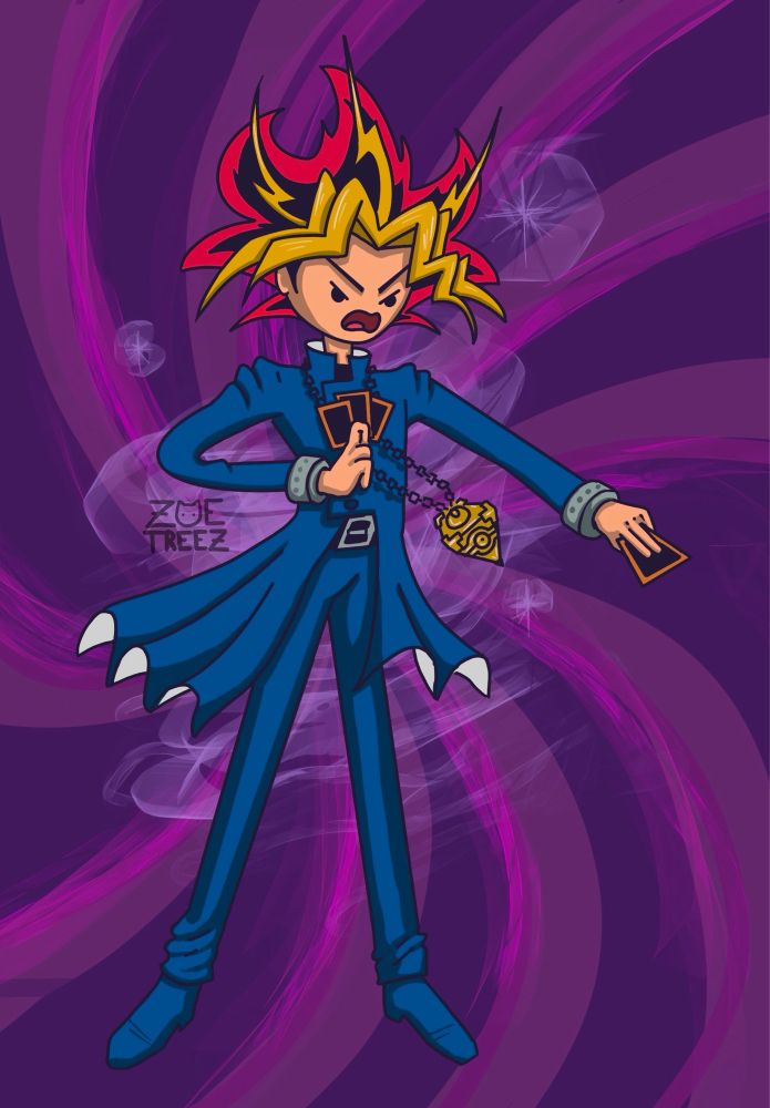 Digital Illustration by Zoë Treez -2024

Illustration is of Yugi Yama, from the show Yu-Gi-Oh! but drawn in an Adventure Time style. There is a swirling purple background and his expression is intense as if in a duel.