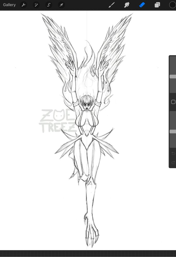 work in progress sketch illustration by Zoë Treez - 2024 
the photo is a screenshot from the app procreate. the illustration is of a Harpie Lady with their wings out stretch above their head.