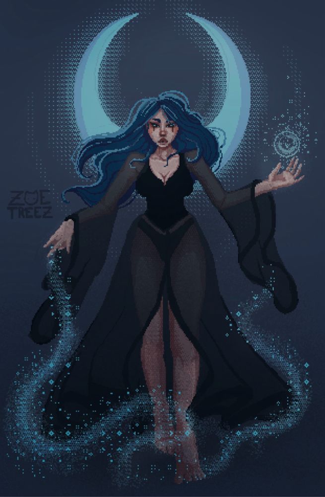 Pixel art drawing done by Treez
The canvas is mostly in hues of deep blues. There is a witch standing in the center of the composition. She’s has dark blue hair that is flowing in the wind like her long see through cloak dress. She has a bright light blue crescent moon behind her and blue magic sparkling around her, down to her toes.
