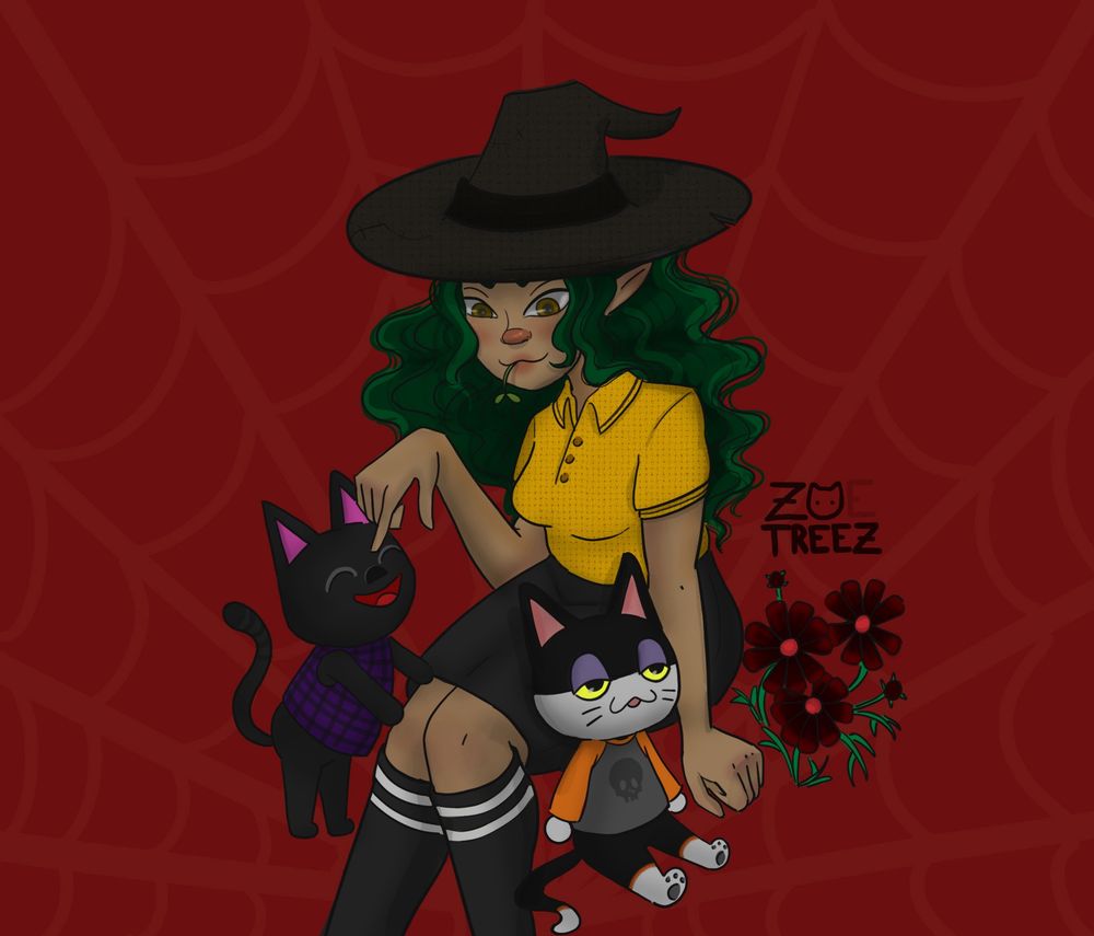 Art by ZoeTreez 
Animal Crossing villagers Kiki and Punchy air and play with a character based off of Treez’s Animal Crossing character. Black cosmos are drawn from the game as well