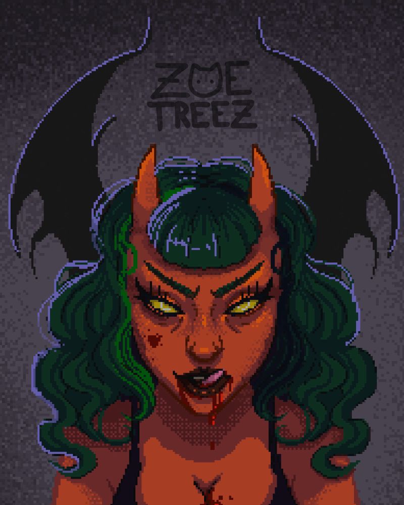 Pixel art drawing of a re skin demon facing the viewer. The demon is an OC of Treez. So it has dark green hair and similar streaks to resemble Treez. The demon has their face turned down and they’re licking their lips of blood that is dripping down her chin and into her cleavage 
#art #pixelart