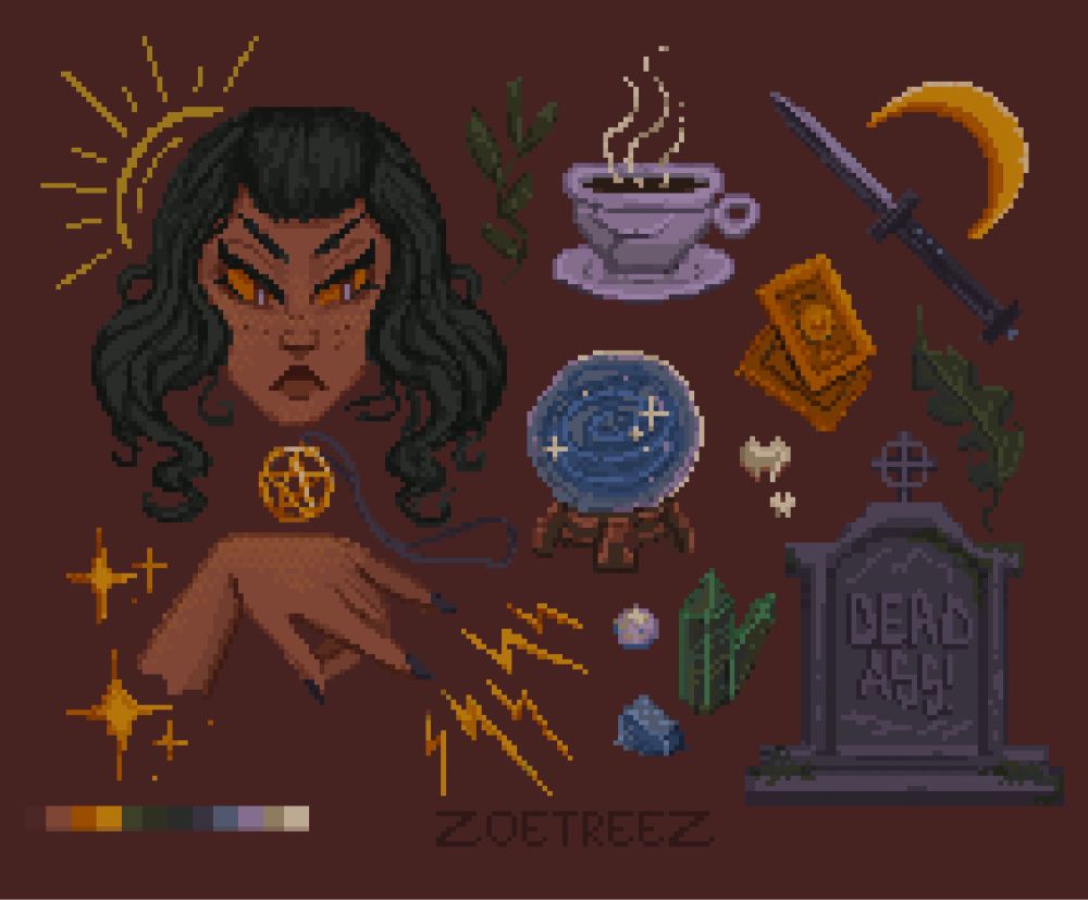 Pixel art prop sheet. There’s a femme head with green wavy hair, orange piercing eyes and a pouted lip. Leaves, tea cup, pocket knife, crystal ball, pentacle necklace, crystals, tarot cards, a moon, sun, sparkles and teeth. There’s a tombstone that reads “dead ass” the color palette is a muted, neutral warm toned scheme
