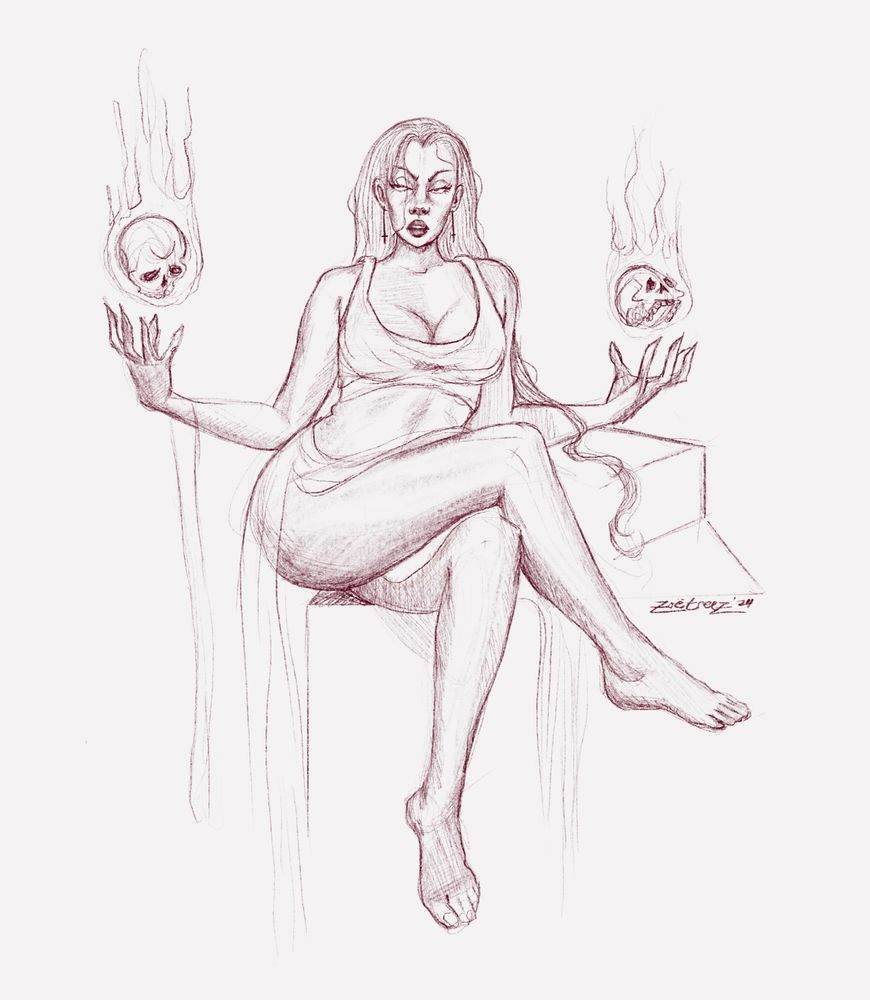 sketch illustration by zoë treez - 2024

a full figured femmes sitting and leaning back with their hands out stretch on their sides. their hands are cupping two skulls magically. they’re legs are crossed tho as they sit so they seem calm, relaxed, seductive even. the with has long wavy hair and sharp earrings 