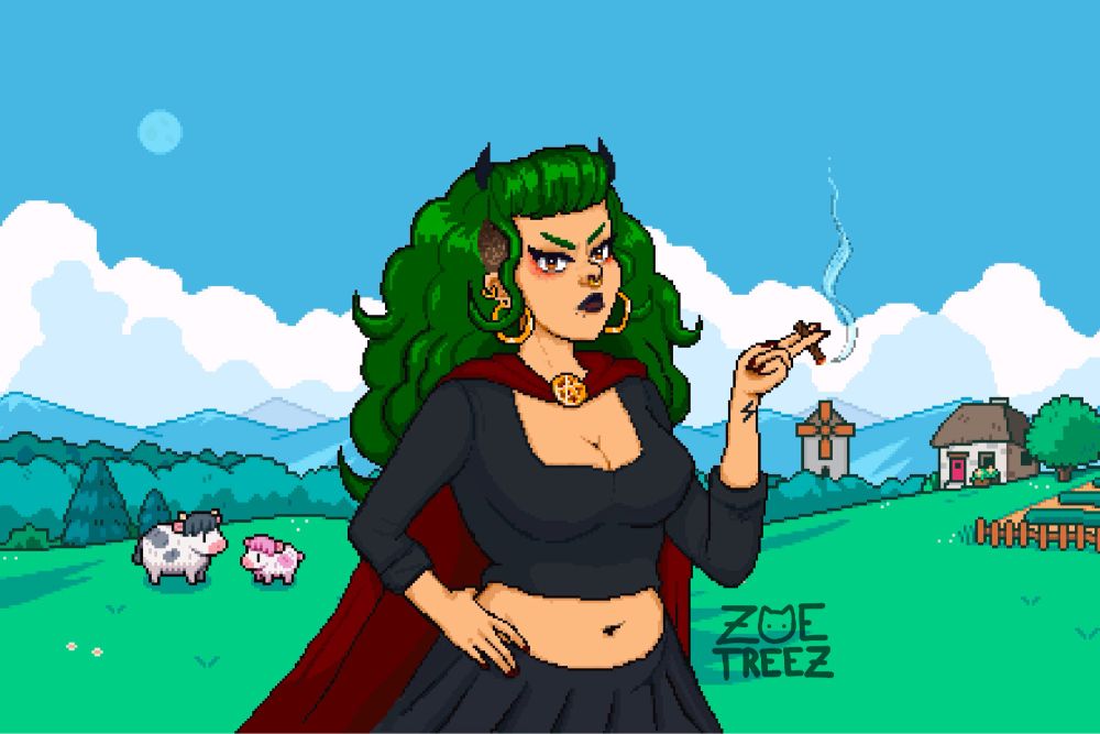 Fields of Mistria inspired pixel art portrait by Zoe Treez - 2024 

Treez’s character is wearing a black long sleeve, a skirt and a red cloak. She has gold jewelry, a lil smolder, sharp eyeliner and is holding a smoking blunt in her hand. the background is a screen grab from the title screen of the new game, Fields of Mistria (i def recommend)