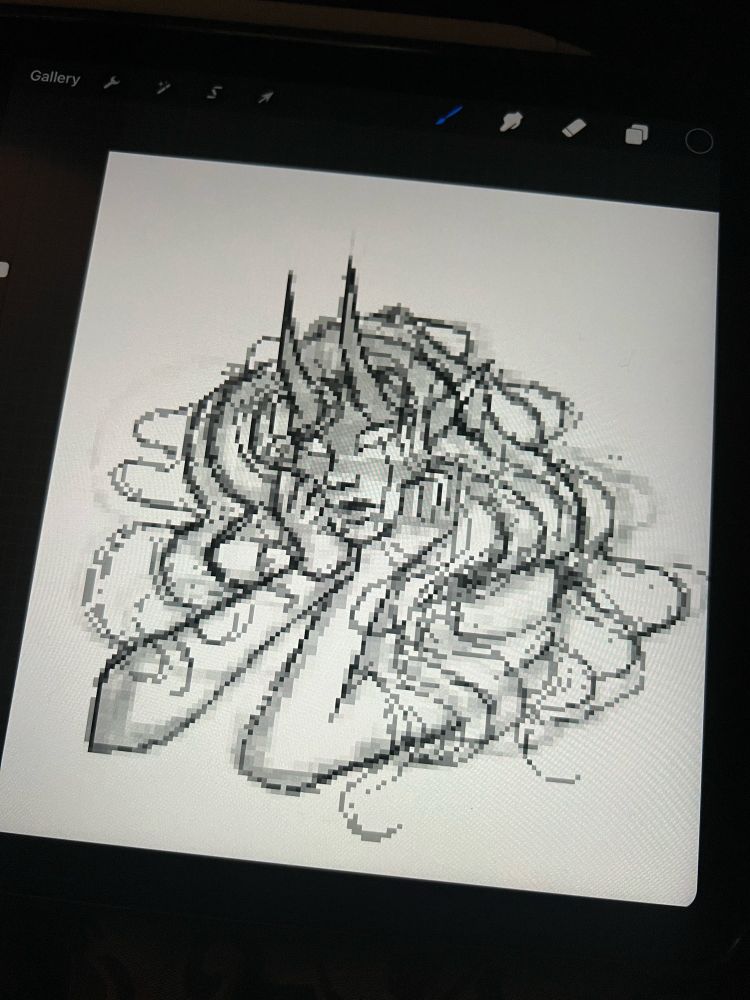 Pixel art Sketch (by zoetreez) of a horned demon babe with messy swirling hair. Their eyes are blank and their face is resting on their hands