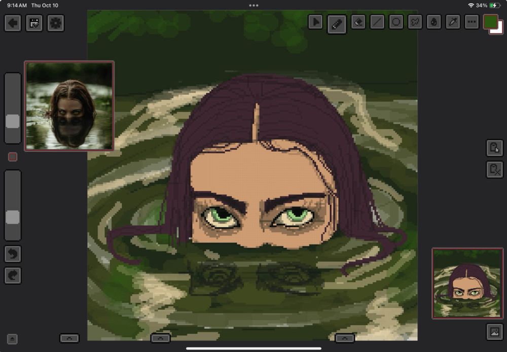 work in progress shot of pixel art drawing by Zoë Treez. figure in dark swampy water 

screenshot is from pixquare and you can see how cool and neat the UI is. featuring a reference image window (top left corner)  and a preview window (bottom right corner)