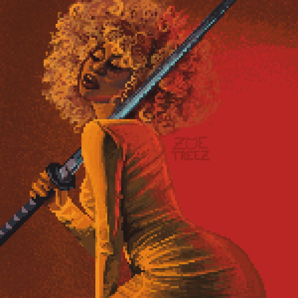 Pixel art by Zoë Treez -2024
Subject is of a black woman in a yellow dress with a large blonde Afro. She is holding a long samurai sword, that’s highlights glint in light blue. The main color of the lighting scheme is a bright saturated red. This lighting is drawn so that it looks as though it is cast on the figure.