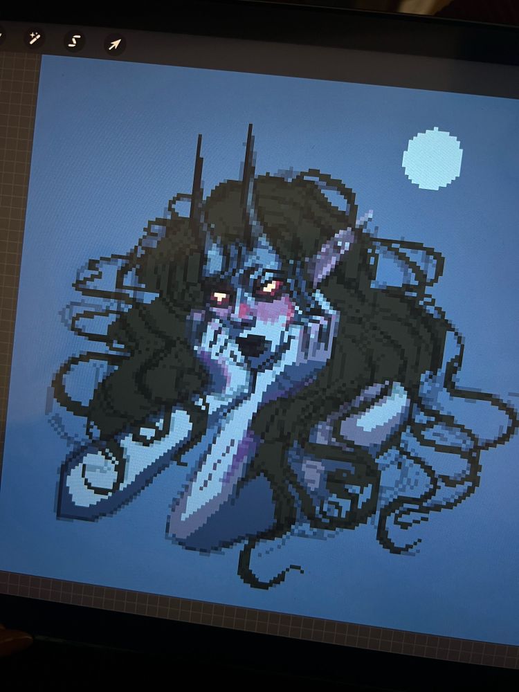 Work in Progress Pixel Art by Zoetreez. 

It is of a messy hair demon babe. They are resting their face in their hands. Their eyes are piercing and glowing. The hair is messily entangled around her arms