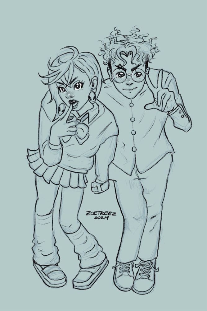 line art illustration by Zoë Treez - 2024

Momo and Okarun from the show Dandadan holding hands, drawn from a top down like perspective. Momo (left) has their hand on their mouth and has alien earrings. Okarun (right) has a peace sign posed up to his head and wears glasses. 