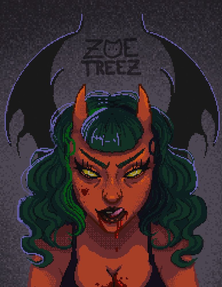 Pixel art by Zoetreez 

Subject is based off of the artist, Treez’s likeness but as a red horned demon/devil. Dark green curly hair with small baby bangs. Blood is dripping from the mouth she licks and onto her cleavage. Her eyes a piercing yellow. Large silhouettes of their wings jut out from behind them