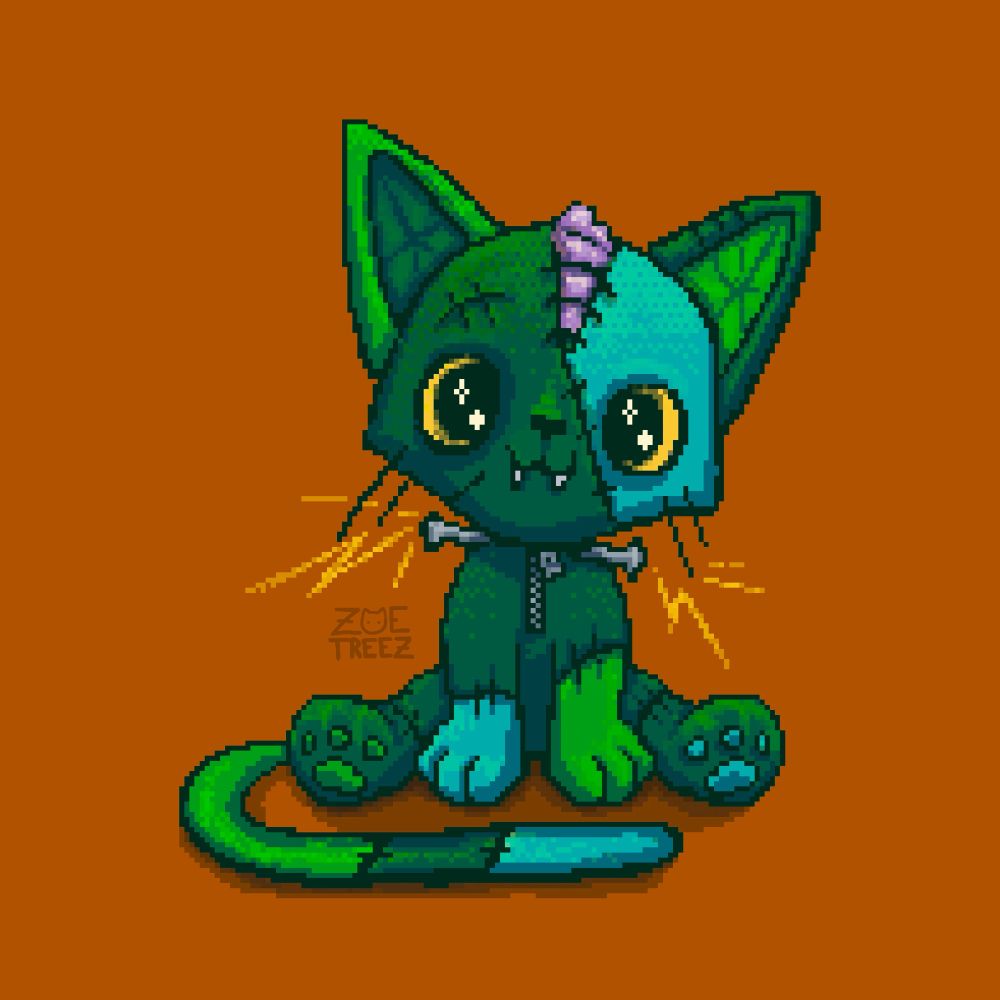 pixel art illustration by Zoë Treez - 2024 

a green stitched together cat plushie that resembles a  frankenstein like creature
