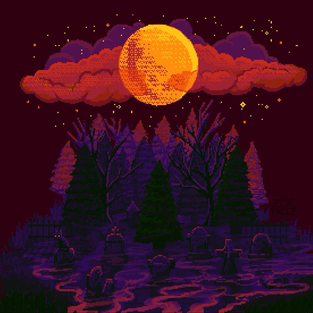 Pixel art by ZoeTreez
A full moon nested in clouds shining above a low fog covered graveyard. A cats gaze pierces through the pixels. The forest is thick and full of trees