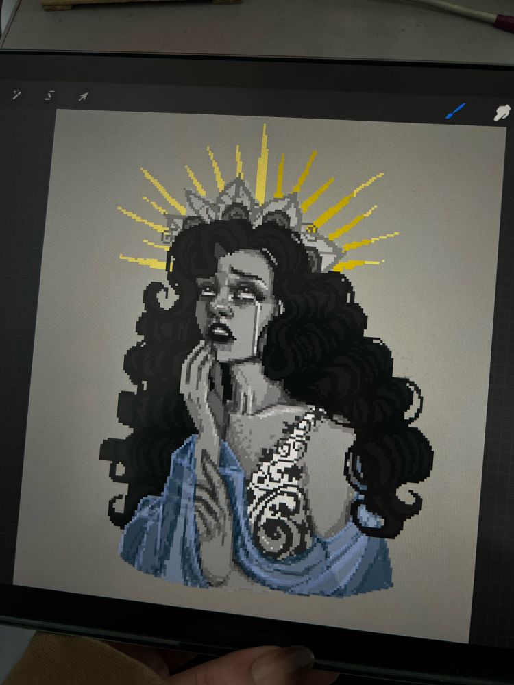 Work in progress pixel art by ZoeTreez
Subject is of a crying fem character with long wavy dark hair. They have a lace garment, sheer shawl and elaborate head piece