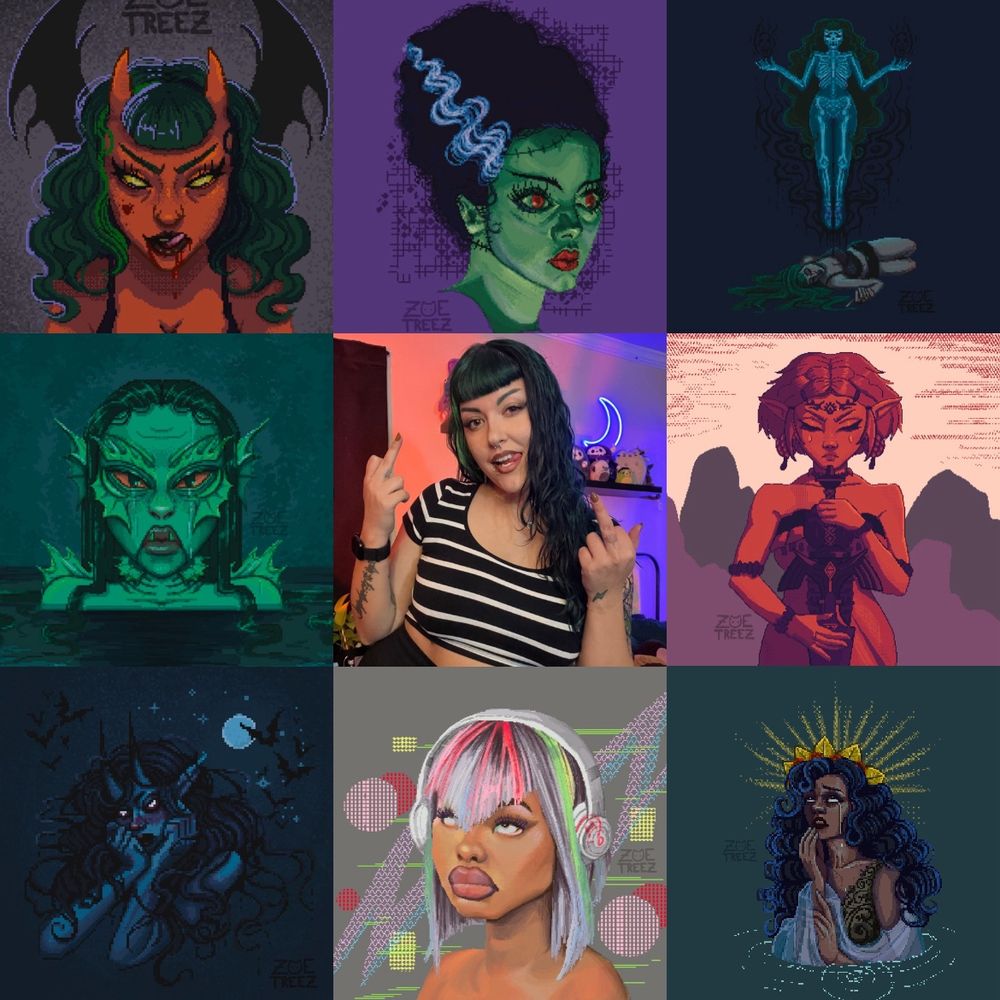 Treez in the center of a collage of various pixel arts of theirs. 
Starting at the left corner, going clockwise: Devil self portrait, bride of Frankenstein, skeletons ghost, TOTK Zelda Fan Art, Crying Maiden, JT Portrait, Blue Horned Demon, and a creature from the black lagoon. 

All art pictured was made in 2023 by ZoeTreez 
#art #artvsartist