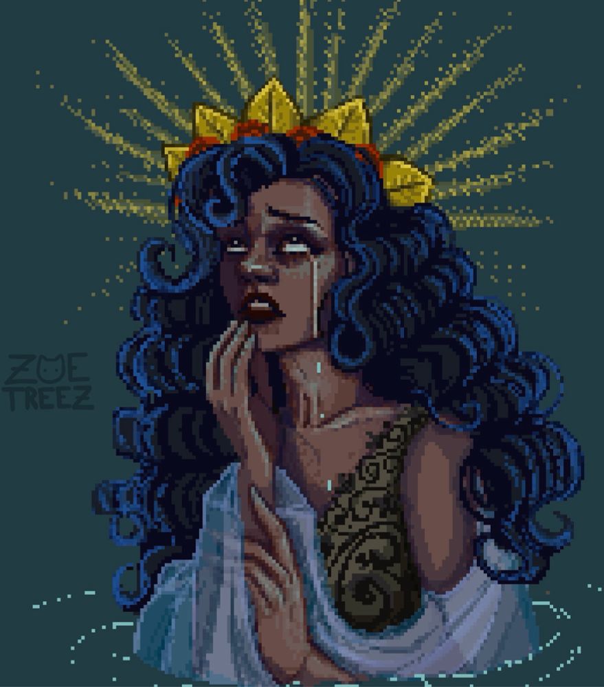 Close up of a pixel art drawing by Zoetreez. 
The subject is of a weeping woman in dark curly hair. Her hands are softly laid and her eyes are searching upward. Behind her shines rays of light.