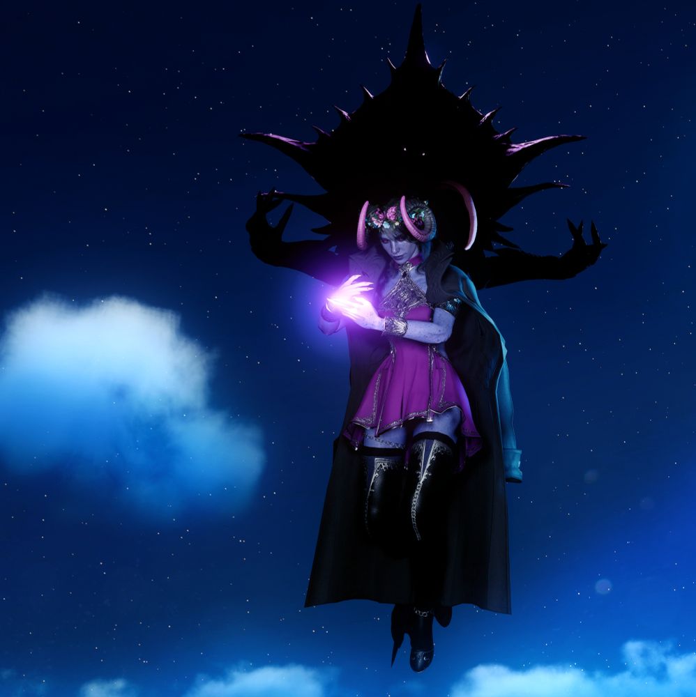 bg3 screenshot of a tiefling tav floating, preparing a psionic spell between their hands, while the emperor floats 'menacingly' (protectively) behind them. the backdrop is a dark blue night sky.