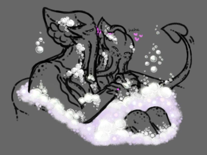 sketch of the emperor and an illithid tav in a purple bubble bath, the emperor washing the tav with his tentacles from behind