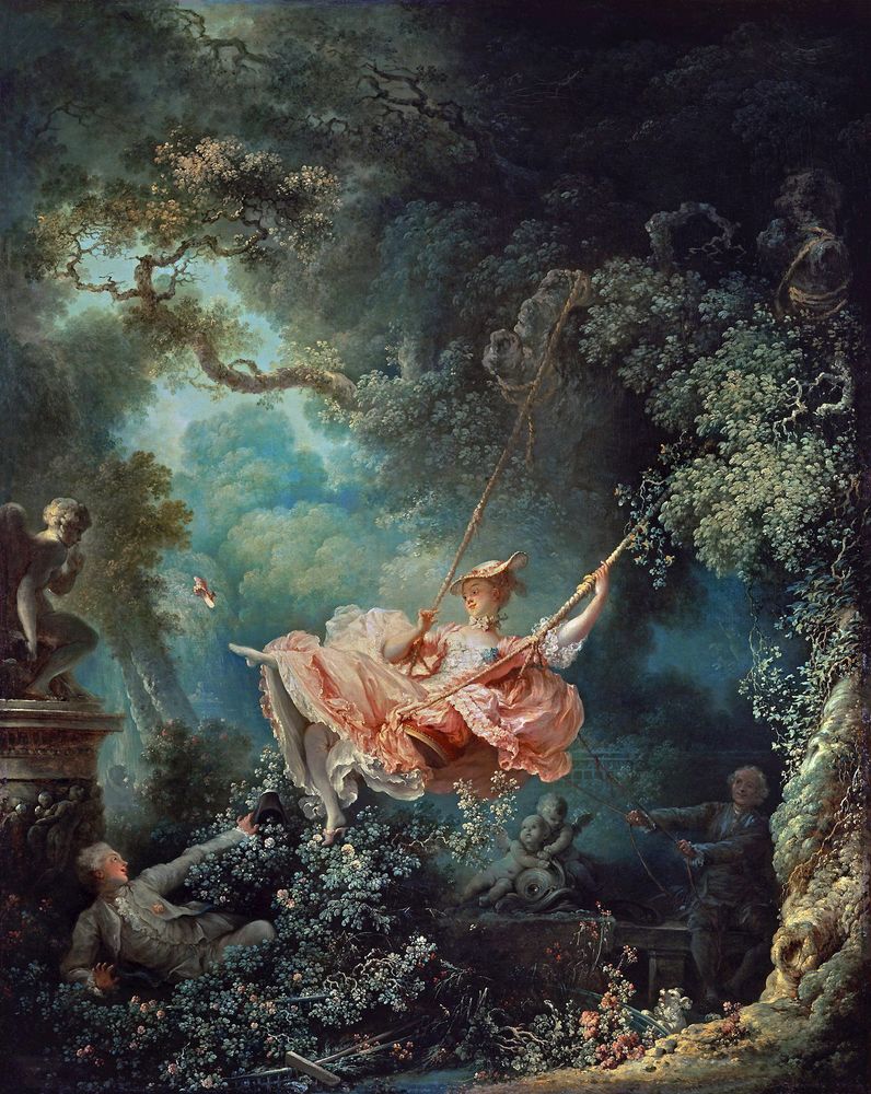 The Swing, a famous painting by Jean-Honoré Fragonard: "Inside a lush garden, a young woman in a billowing pink gown glides through the air. Her suspension high above the ground is enabled by a swing consisting of a crimson velvet cushioned seat and a pair of ropes tied around the knobby branches of an enormous tree. On the far right, an older man seated on a stone bench helps operate the device. Using a series of connected ropes, he pulls the swing back to create the momentum necessary to propel the woman forward."