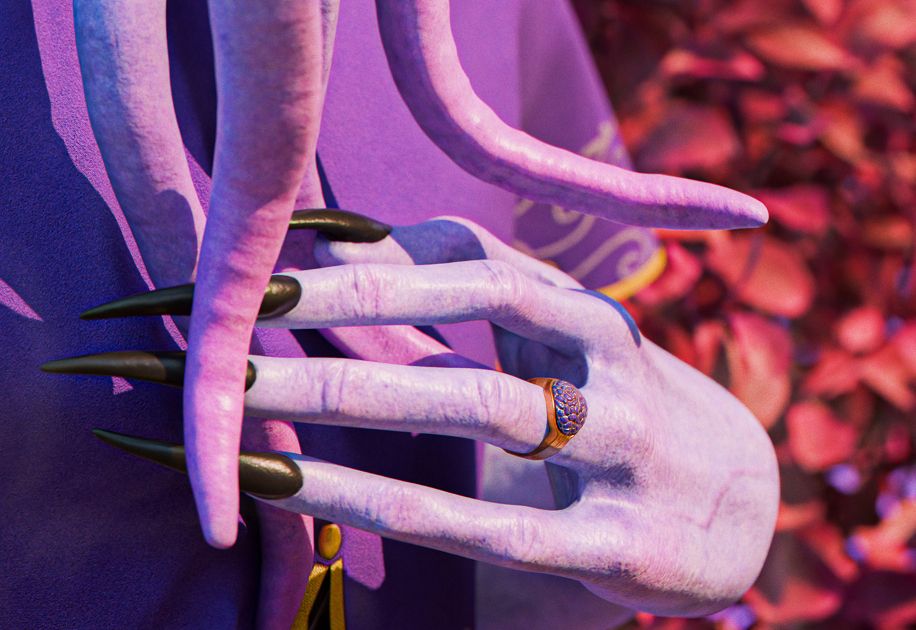 render of an illithid Tav's hand, wearing a ring of mind shielding - a gold band with an inlaid purple gem shaped like a brain