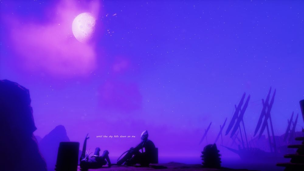 Purple color-schemed BG3 (the video game Baldur's Gate 3) screenshot / virtual photography of the Emperor and an illithid Tav on the docks of the city at night. There are boats and fog in the distance. The Tav is pointing up at the bright full moon while laying on their pack, and the Emperor is sitting beside them, observing them. The text "until the sky falls down on me" is positioned between the pair.