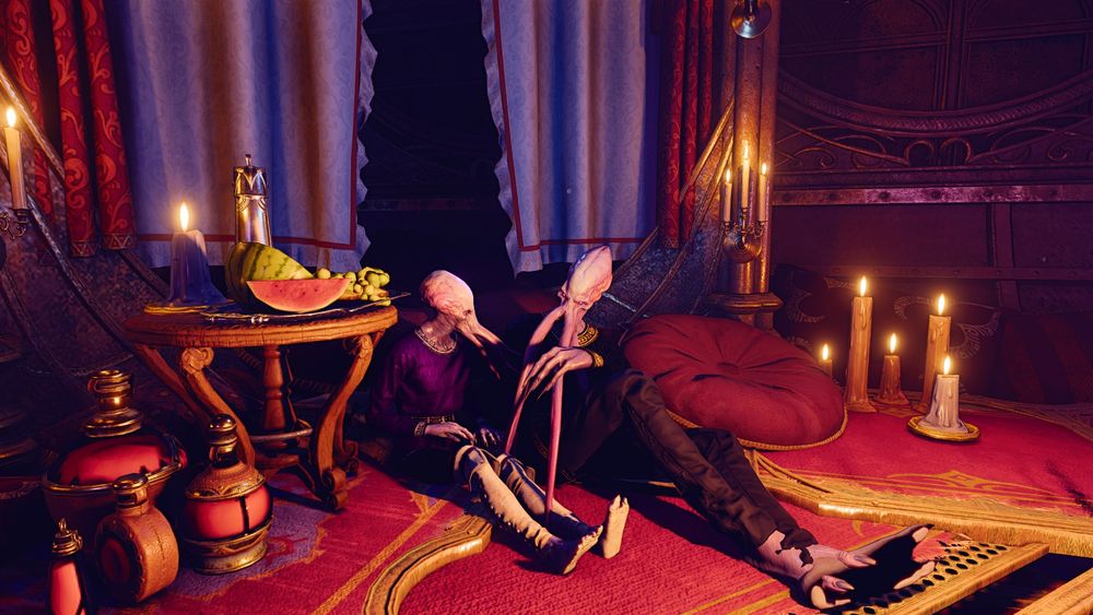 bg3 screenshot of the empror & an illithid tav lounging in pajamas in a pillow pile in the djinni's lamp map