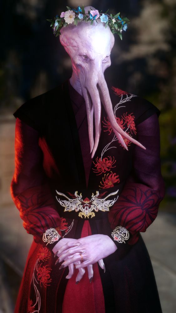 illithid tav looking very polite in a red and black hanfu with lily designs